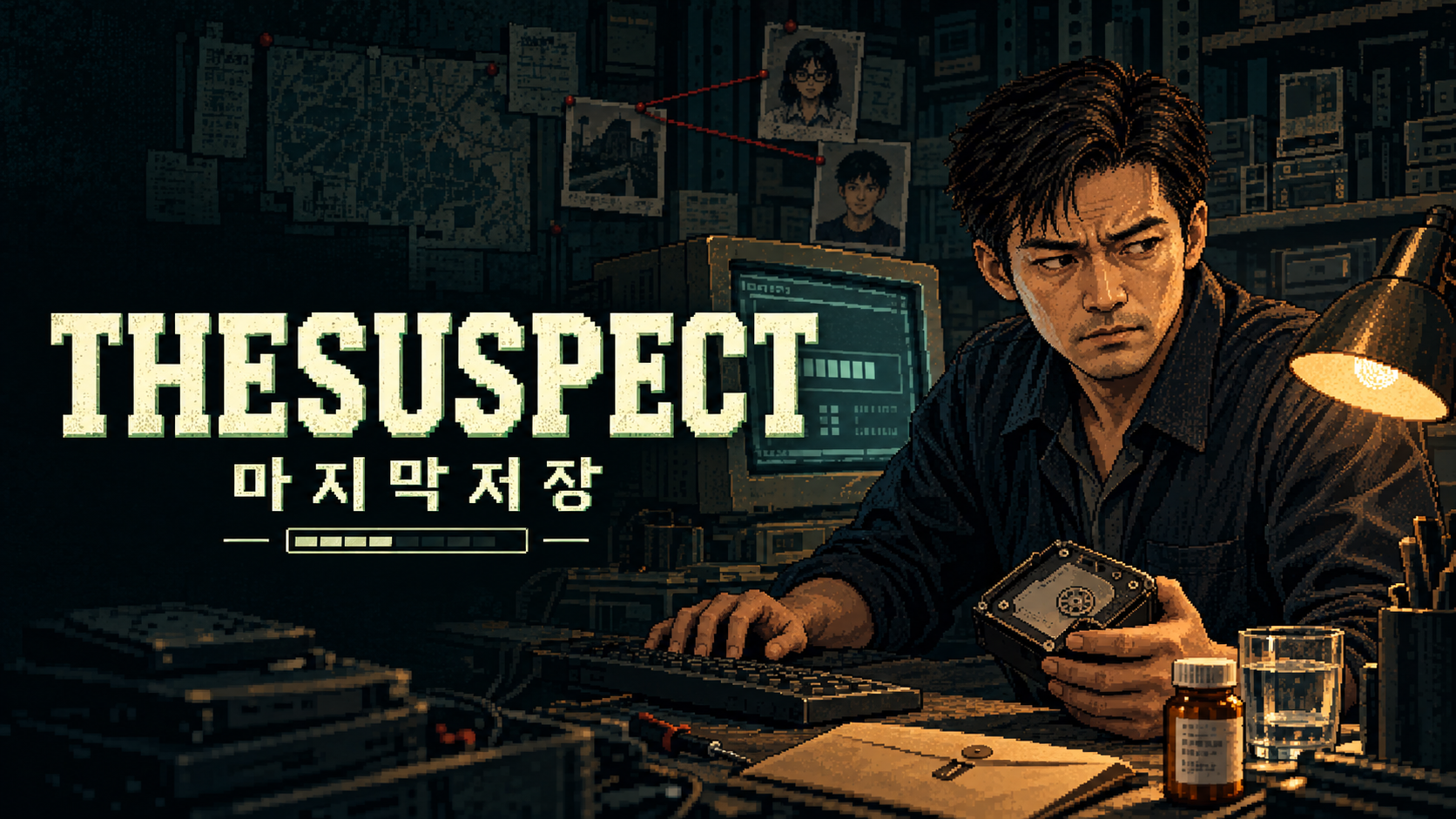 컴퓨터와 사건 보드 앞에서 하드디스크를 들고 조사하는 남성의 픽셀아트 키비주얼