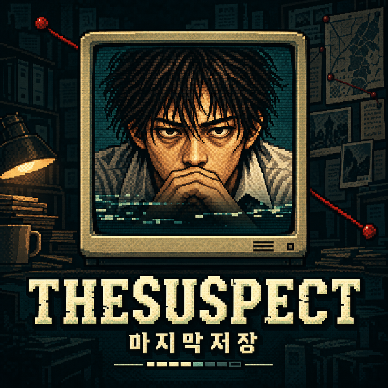 CRT 화면 안에서 카메라를 응시하는 남성의 픽셀아트 인물 포스터